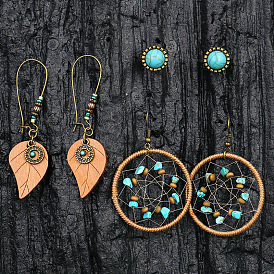 Fashionable Blue Sapphire Earrings with Woven Small Rice Bead Leaf-shaped Pendant Ear Studs