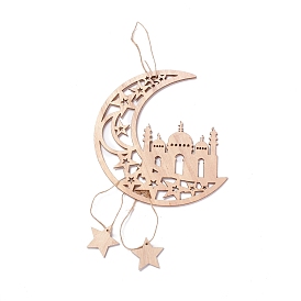 Moon & Castle Unfinished Wood Pendant Ornament, Ramadan Mubarak Eid Pendant, with Hemp Rope, for Home Wall Festive Decorations