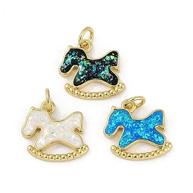 Rack Plating Brass Charms, with Synthetic Opal, Long-Lasting Plated, Lead Free & Cadmium Free, Real 18K Gold Plated, Rocking Horse