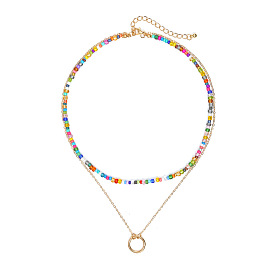 Minimalist Double-layered Colorful Rice Bead Necklace with Retro Fashion Alloy Circle Pendant and Stylish Beaded Collarbone Chain for Women