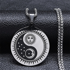 304 Stainless Steel Pendant Necklace with Box Chains, Yin Yang with Moon & Sun