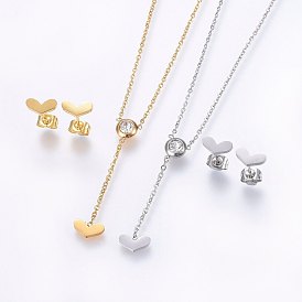 304 Stainless Steel Jewelry Sets, Stud Earrings and Pendant Necklaces, with Rhinestone, Heart