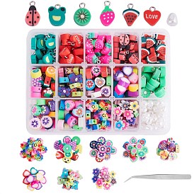 395Pcs 15 Style Fruit & Heart & Flower Handmade Polymer Clay Charms and Resin Teardrop Beads