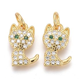 Brass Micro Pave Clear Cubic Zirconia Pendants, Long-Lasting Plated, with Jump Rings, Cat