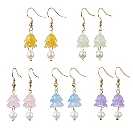 Flower Transparent Spray Painted Glass Dangle Earrings, with 304 Stainless Steel Earring Hooks and  Shell Pearl Beads