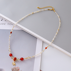 Женские ожерелья с подвеской в виде рыбы из натурального золота, рутилового кварца, окрашенного в натуральный сердолик, с бусинами в форме куба, с латунными концевыми цепями