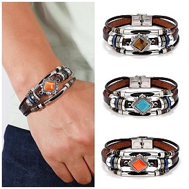 Retro Cat Eye Natural Stone Leather Stainless Steel Bracelet Multi-layer Handmade Jewelry