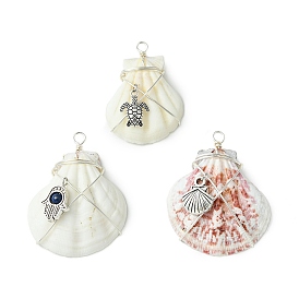 3Pcs Silver Copper Wire Wrapped Natural Scallop Shell Pendants, with Alloy Charm