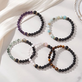 Эластичный браслет из натуральных смешанных драгоценных камней для женщин, круглые, с латунными цветочными бусинами, реальный 18 k позолоченный