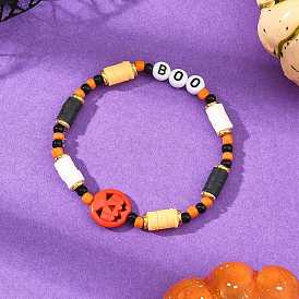 Bracelets extensibles pour femmes, ornés de perles heishi en pâte polymère et de citrouilles synthétiques turquoise teintes pour Halloween. Ces perles sont composées de disques en pâte polymère et de disques en pâte polymère., avec des perles acryliques et des perles de rocaille