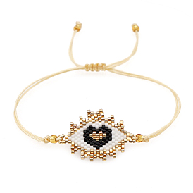 Friendship Heart Loom Pattern Seed Beads Bracelets for Women, Adjustable Nylon Cord Braided Bead Bracelets
