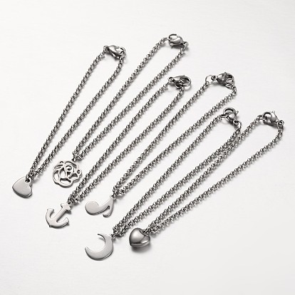 Mixed Style Stainless Steel Charm Bracelets, with Rolo Chains and Lobster Claw Clasps, 7-1/4 inch (185mm)