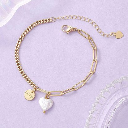 Браслеты из латуни с плоскими круглыми подвесками в виде сердечек и словом «любовь», а также натуральным жемчугом кеши., браслеты из латунных скрепок и цепочек