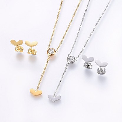 304 Stainless Steel Jewelry Sets, Stud Earrings and Pendant Necklaces, with Rhinestone, Heart