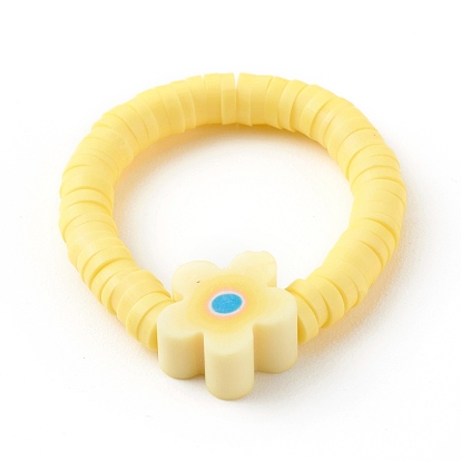 Handmade Polymer Clay Stretch Rings, Heishi Beads, Flower