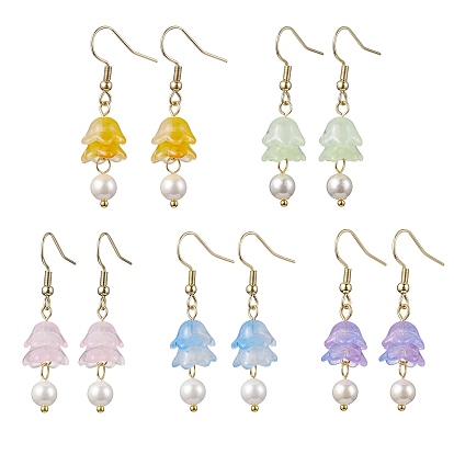 Flower Transparent Spray Painted Glass Dangle Earrings, with 304 Stainless Steel Earring Hooks and Shell Pearl Beads