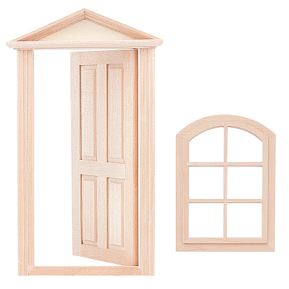 2 Pcs 2 Style Natural Wood Home Decorations, Miniature Furniture Model, for Dollhouse Accessories Pretending Prop Decorations, Door & Window