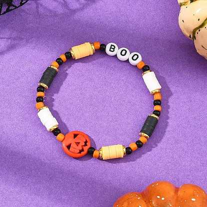 Bracelets extensibles pour femmes, ornés de perles heishi en pâte polymère et de citrouilles synthétiques turquoise teintes pour Halloween. Ces perles sont composées de disques en pâte polymère et de disques en pâte polymère., avec des perles acryliques et des perles de rocaille