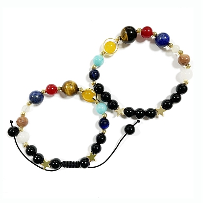 Juegos de pulseras de cuentas trenzadas de piedra mixta natural redonda, pulseras elásticas con cuentas de latón estrella, 7 joyas de chakra para ella