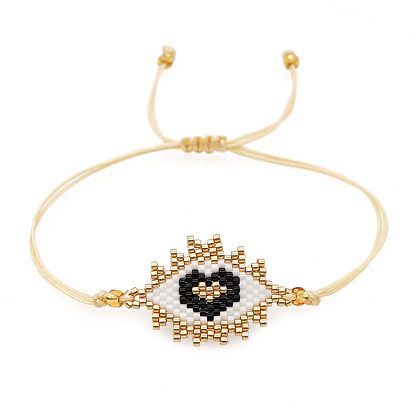 Friendship Heart Loom Pattern Seed Beads Bracelets for Women, Adjustable Nylon Cord Braided Bead Bracelets