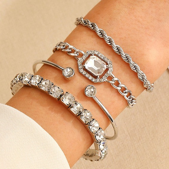 4Pcs 4 Style Alloy Bangle and Bracelet Sets, Glass Rhinestone Jewelry Set for Women