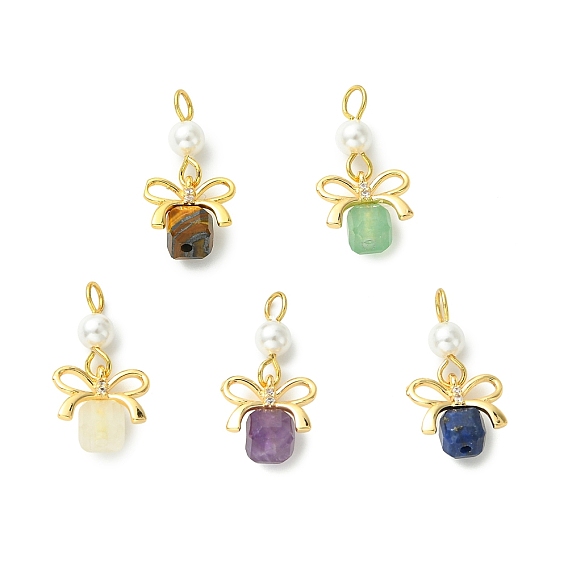 Природные каменные смешанные подвески, Граненый кубический кулон с латунным бантиком и жемчужиной из ракушки., золотые