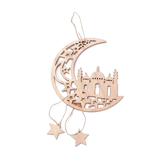 Moon & Castle Unfinished Wood Pendant Ornament, Ramadan Mubarak Eid Pendant, with Hemp Rope, for Home Wall Festive Decorations