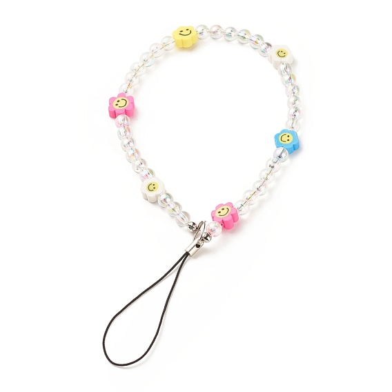 Acrylic Mobile Phone Straps, with Handmade Polymer Clay Beads and Nylon Thread, Flower & Round