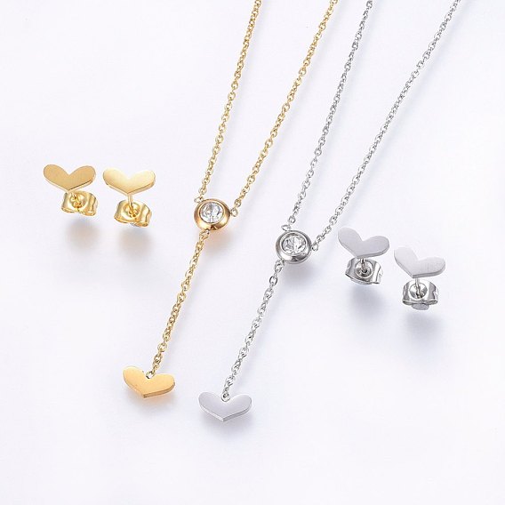 304 définit bijoux en acier inoxydable, Boucles d'oreilles et pendentifs, avec strass, cœur