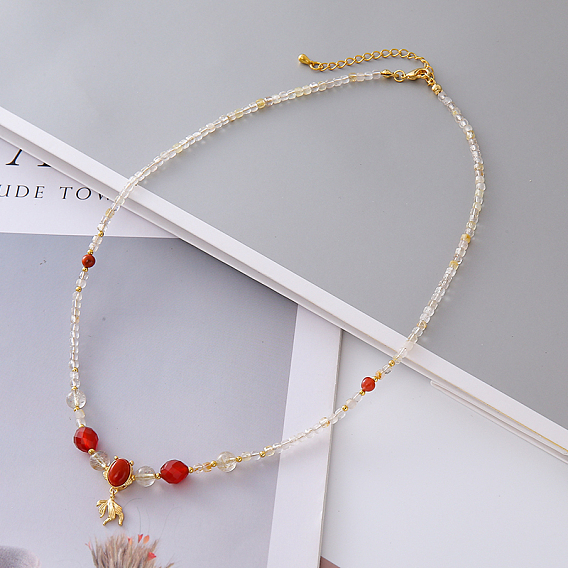 Женские ожерелья с подвеской в виде рыбы из натурального золота, рутилового кварца, окрашенного в натуральный сердолик, с бусинами в форме куба, с латунными концевыми цепями