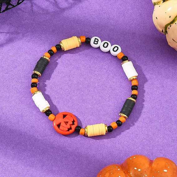Pulseras elásticas con cuentas de heishi de arcilla polimérica y calabaza sintética teñida de color turquesa para Halloween, ideales para mujeres., con cuentas acrílicas y semillas