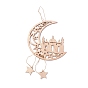 Moon & Castle Unfinished Wood Pendant Ornament, Ramadan Mubarak Eid Pendant, with Hemp Rope, for Home Wall Festive Decorations