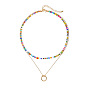 Минималистичное двухслойное ожерелье из разноцветных рисовых бусин с подвеской в виде круга из сплава в стиле ретро и стильной цепочкой на ключицу из бисера для женщин