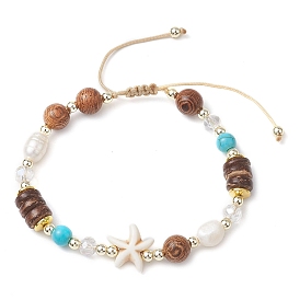 Adjustable Dyed Synthetic Turquoise & Coconut & Wood & Pearl Braided Bead Bracelets, Summer Beach Starfish Bracelets for Women Men