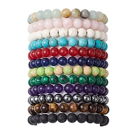 12Pcs 12 Styles 8mm Mixed Gemstone Round Beaded Stretch Bracelets Sets, Stackable Bracelets for Women