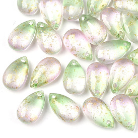 Two Tone Transparent Spray Painted Glass Charms, with Glitter Powder, Frosted, Teardrop