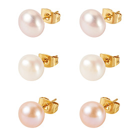 6 шт. 3 серьги-гвоздики из натурального культивированного пресноводного жемчуга разных цветов, с 925 фурнитурой для сережек-гвоздиков из стерлингового серебра и латунными фрикционными гайками, реальный 18 k позолоченный, круглые