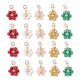 20Pcs 5 Colors Glass Charms, with Golden Brass Beads & 304 Stainless Steel Jump Rings, Flower