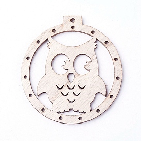 Undyed Wood Big Pendants, Flat Round with Owl