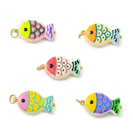 Cuisson peinture verre émail pendentifs, charmes de poissons, avec 304 anneaux de saut ouverts en acier inoxydable