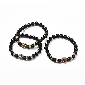 Energy Natural Black Stone Stretch Bracelets Set for Men Women, Tibetan Style Lion Head Bracelets