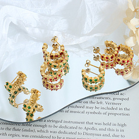 Geometric Inlaid Red and Green Zircon Earrings with French Style, Minimalist C-shaped Design for Women's Elegant Look.