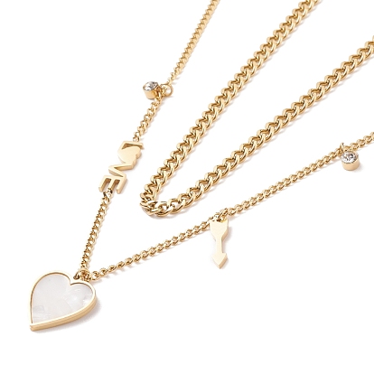 Double Chains Multi Layered Necklaces with Resin Shell Heart and Crystal Rhinestone Charms, Ion Plating(IP) 304 Stainless Steel Jewelry for Women