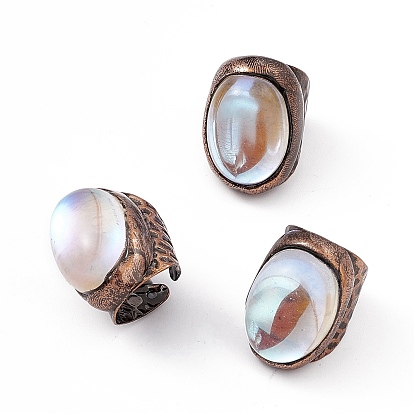 Oval Glass Cuff Rings, Rack Plating Brass Wide Band Ring for Women, Cadmium Free & Lead Free