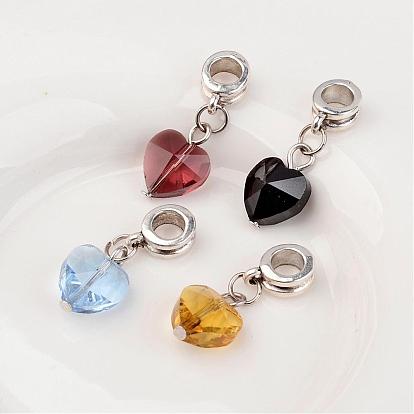 Faceted Heart Glass European Dangle Charms with Alloy Findings, 26mm, Hole: 4.5mm