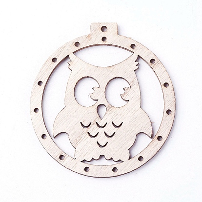 Undyed Wood Big Pendants, Flat Round with Owl