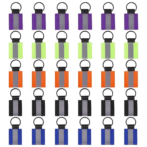 30Pcs 5 Colors Reflective Rectangle Polyester Pendant Keychains, with Iron Split Key Ring, Black