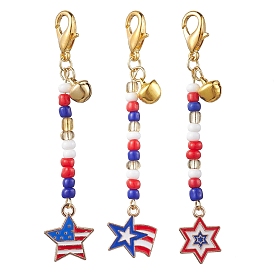 3 pcs décorations de pendentif en alliage d'émail pour le jour de l'indépendance, avec perles de verre et fermoirs pince de homard en alliage de zinc, drapeau américain