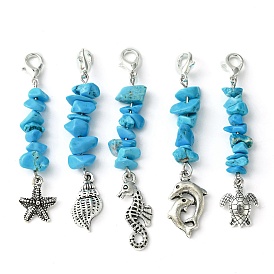 Synthetic Turquoise Chip Pendant Decorations, with Alloy Charms and Lobster Claw Clasps, Mixed Shapes