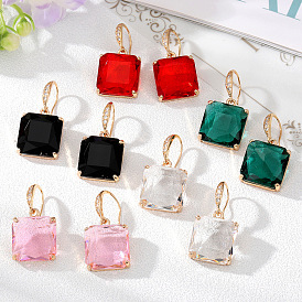Chic Colorful Glass Earrings with Square Crystal - Minimalist and Transparent Fashion Accessories